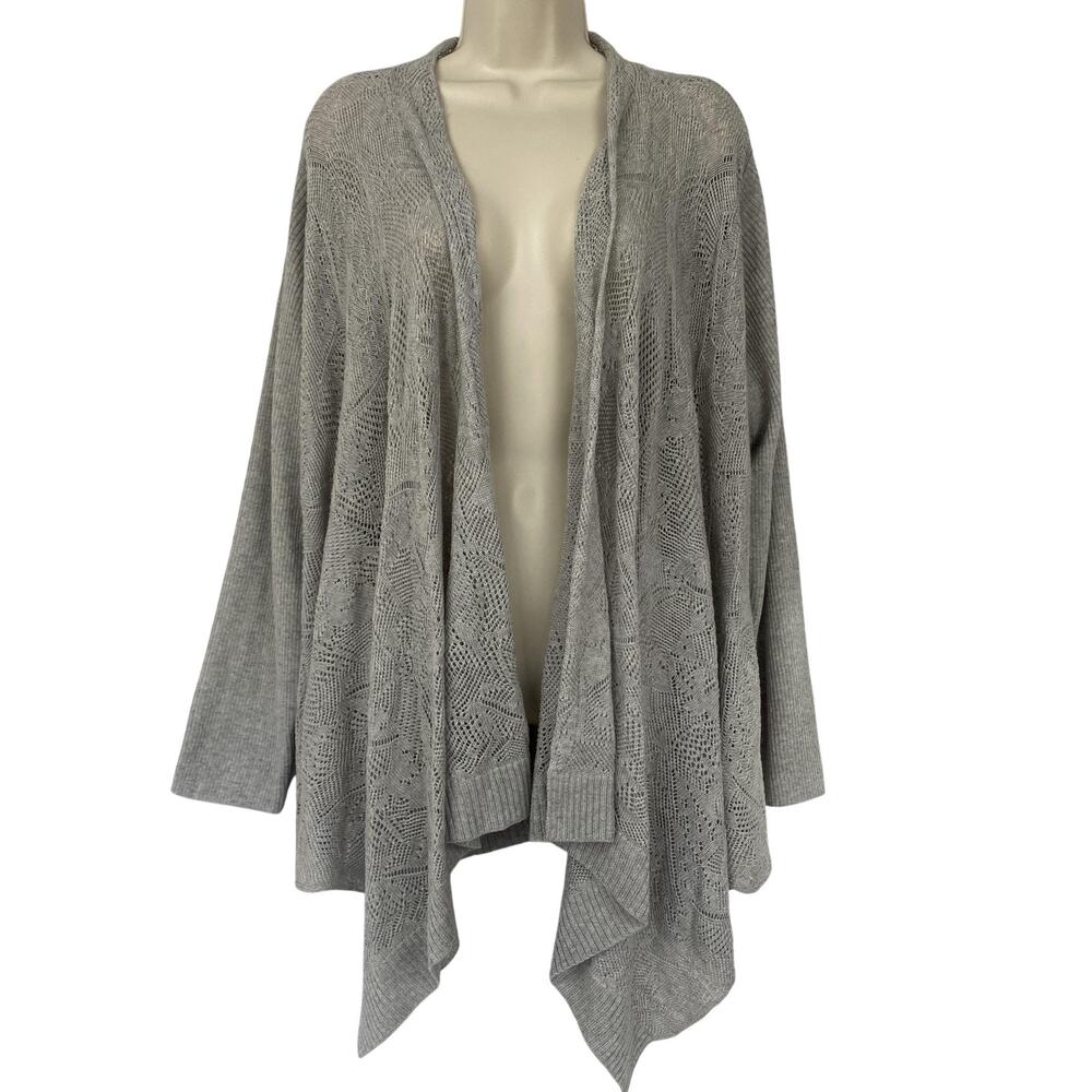 Eileen Fisher Merino Wool Cardigan Sweater Womens 1X Gray‎ Open Knit Waterfall